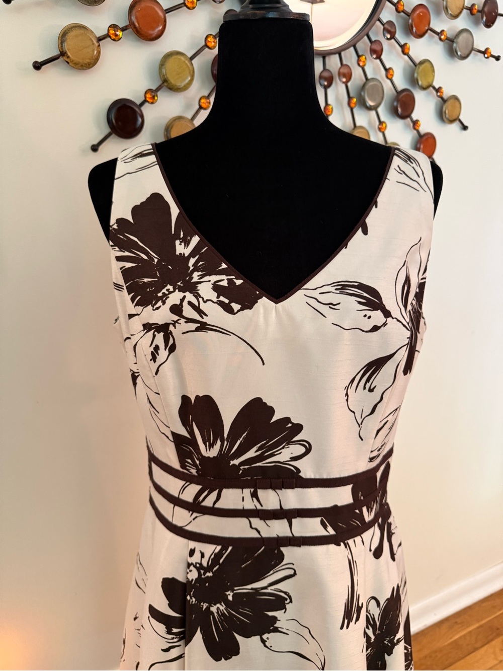 dressbarn Cream and Brown Floral Fit & Flare Midi Dress - Picture 2 of 7